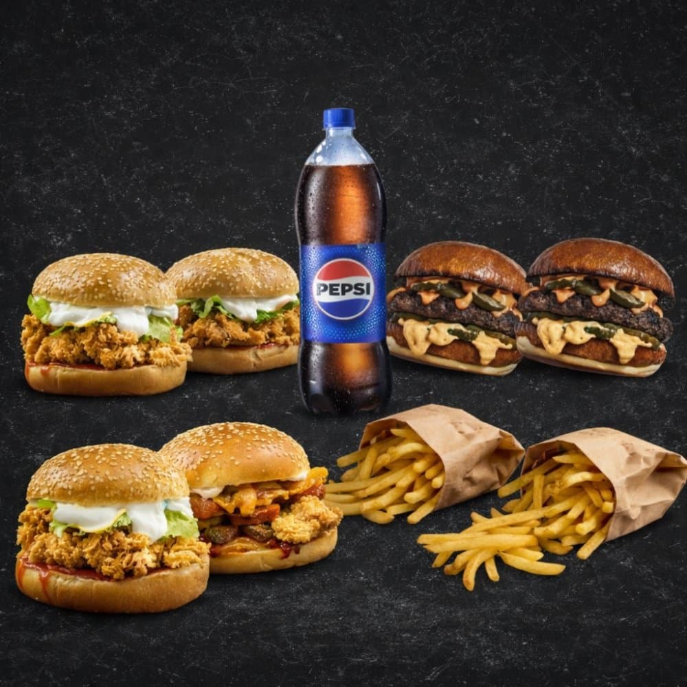 Mega Big Offer: 2× Zinger World + 2× Beef World + Zinger + Dragon Beef + Chicken Burger + 3× Fries + Pepsi 1.25L